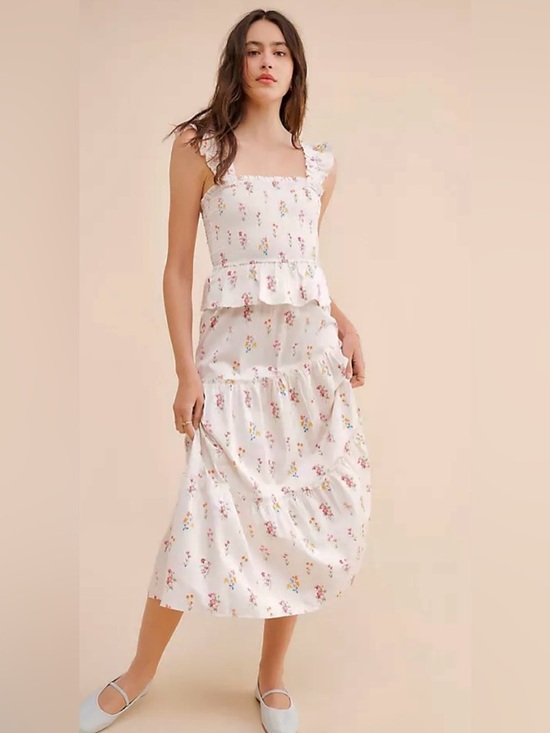 Anthropologie Dresses & Skirts - Anthropologie Rachel Purcell White Floral Ruffle Midi Dress size small